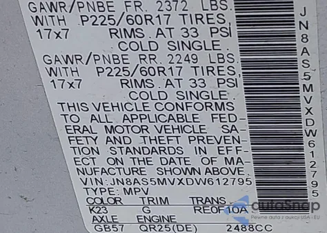 2013 Nissan Rogue Sv из США, поврежденный, VIN JN8AS5MVXDW612795